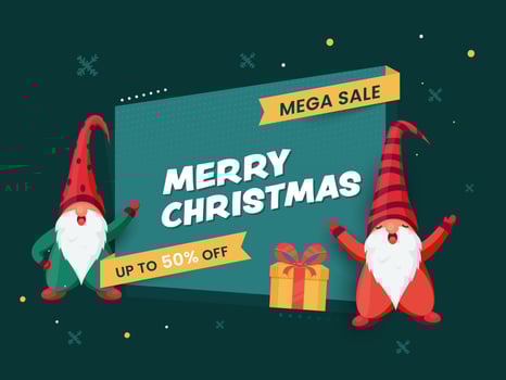 Merry Christmas Mega Sale Poster Design with Discount Offer, Gift Box and Two Cartoon Gnome Character on Teal Green Background. vector