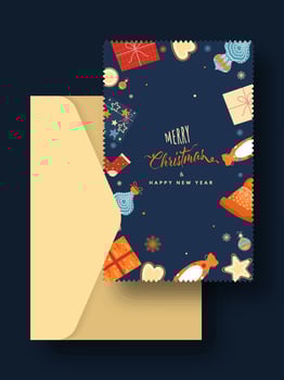 Merry Christmas and Happy New Year Card With Envelope On Blue Background. vector