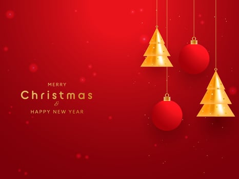 Golden Merry Christmas and Happy New Year Text With 3D Xmas Trees And Baubles Hang On Red Background. vector