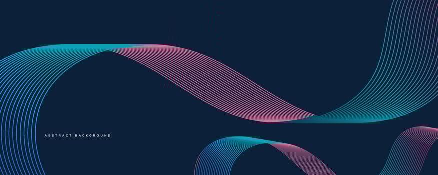Dark abstract background with glowing waves. Shiny moving line design element. Modern blue purple gradient flowing wave line. Futuristic technology concept. Vector illustration