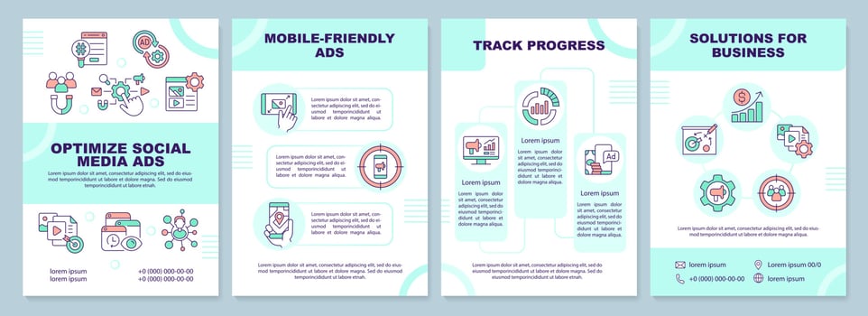 Optimize social media ads mint brochure template. SMM strategy. Leaflet design with linear icons. Editable 4 vector layouts for presentation, annual reports