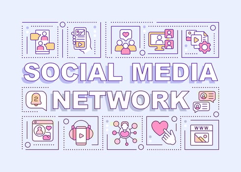 Social media network word concepts lilac banner. Online communication. Infographics with editable icons on color background. Isolated typography. Vector illustration with text