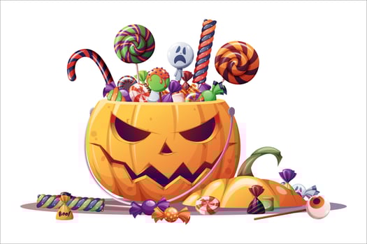 Halloween pumpkin with candies. Pumpkin trick or treat bag. Halloween pumpkin, lollipop and candy. Cartoon sweets pumpkin basket, lollipops,treats and candy cane vector illustration.