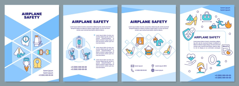 Airplane safety blue brochure template. Emergency evacuation. Leaflet design with linear icons. Editable 4 vector layouts for presentation, annual reports