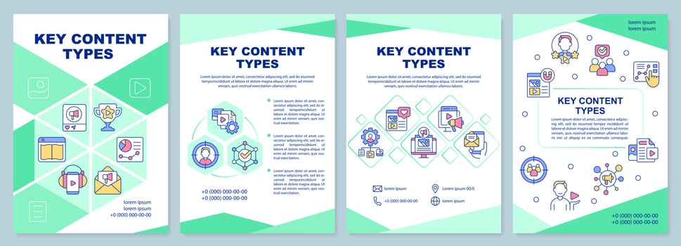Key content types green brochure template. Brand promotion. Leaflet design with linear icons. Editable 4 vector layouts for presentation, annual reports