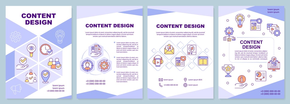 Content design purple brochure template. Digital marketing. Leaflet design with linear icons. Editable 4 vector layouts for presentation, annual reports