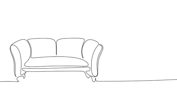 Cozy sofa as one line drawing banner. Continuous hand drawn minimalist minimalism design isolated on white background vector illustration.