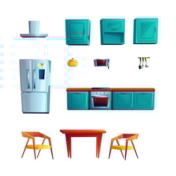Kitchen furniture, cartoon interior creating set vector