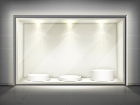 Showcase with glass wall and round podiums vector