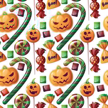Seamless pattern with Halloween sweets on a white background. Cookies in the form of pumpkin, candy, lollipop, marshmallow. Trick or treat. Festive texture great for wrapping paper, wallpaper, fabric. vector
