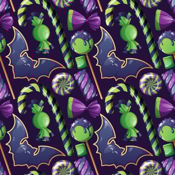 Happy Halloween sweets pattern. Seamless background with trick or treat candies. Vector illustration. Many types spooky dessert.
