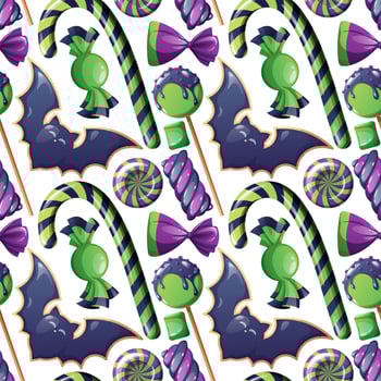 Happy Halloween sweets pattern. Seamless background with trick or treat candies. Vector illustration. Many types spooky dessert.