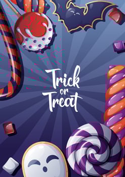 Vector card with Halloween sweets or poster for the holiday with handwritten coligraphy. Party invitation, trick or treat.