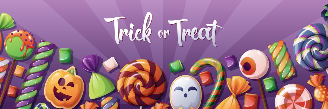 Halloween banner with cartoon holiday sweets and candies. Creepy dessert on Halloween party horizontal background. Holiday vector banner with Halloween spooky cookies treat, lollipop candy on a violet