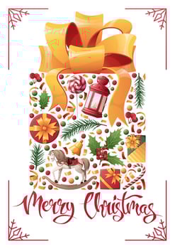 Christmas New Year card. Background with a gift box with a bow. Festive design for greeting card, banner, poster, invitation. Vector illustration