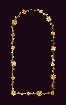Geometric vertical gold floral frame template. Luxury golden frame border for invite, wedding, certificate. Vector art with flowers and leaves.