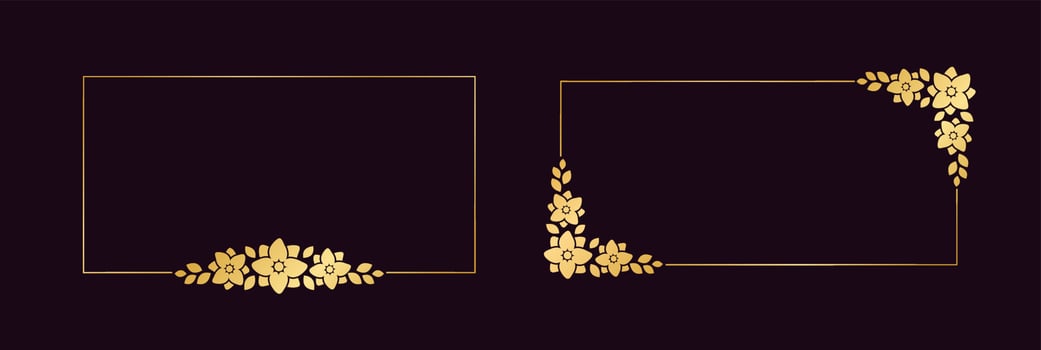 Rectangle gold floral frame set. Luxury golden borders for invitation, card, wedding, certificate. Vector art with flowers and leaves.