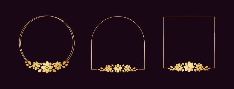 Gold geometric floral frame template set. Luxury golden frame border for invite, wedding, certificate. Vector art with flowers and leaves.