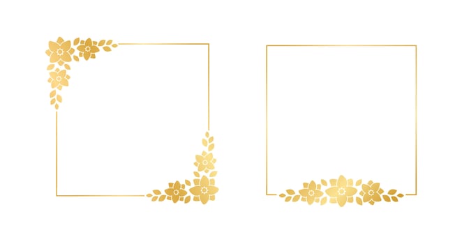 Square gold floral frame collection set. Luxury golden frame border for invite, wedding, certificate. Vector art with flowers and leaves.
