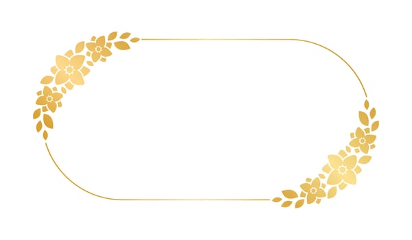 Gold oval floral frame template. Luxury golden frame border for invite, wedding, certificate. Vector art with flowers and leaves.