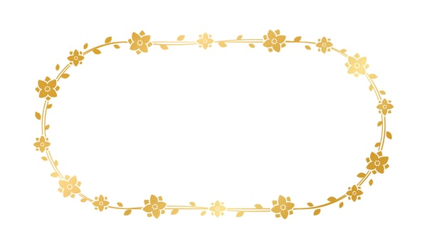 Gold oval floral frame template. Luxury golden frame border for invite, wedding, certificate. Vector art with flowers and leaves.