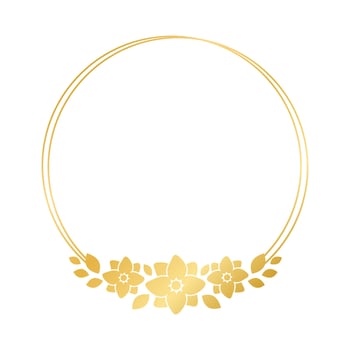 Round gold floral frame template. Luxury golden frame border for invite, wedding, certificate. Vector art with flowers and leaves.