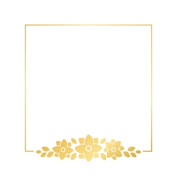 Square gold floral frame template. Luxury golden frame border for invite, wedding, certificate. Vector art with flowers and leaves.