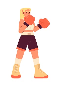 Kickboxing young woman semi flat colorful vector character. Blonde caucasian girl wearing boxing gloves. Editable full body person on white. Simple cartoon spot illustration for web graphic design