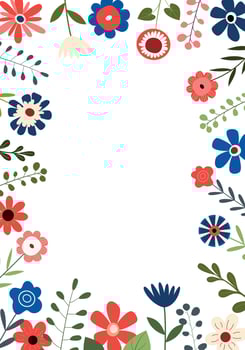 Floral frame with red, white, and blue flowers. Vector illustration. Holiday decor. American Independence Day. Isolated on white background.