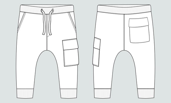 Fleece cotton jersey basic Sweat pant technical drawing fashion flat sketch template front and back views. Apparel jogger pants vector illustration mock up for kids and boys.