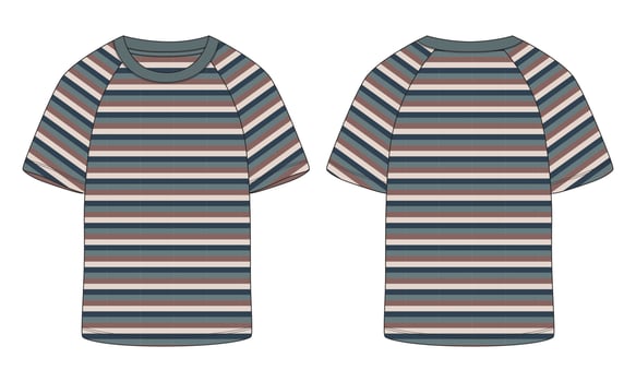 Raglan Short sleeve t shirt with all over horizontal striped vector illustration template front and back views isolated on white background