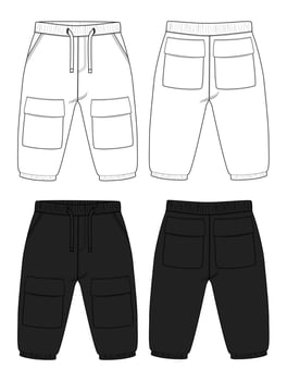 Fleece cotton jersey basic Sweat pant technical drawing fashion flat sketch template front and back views. Apparel jogger pants vector illustration White and Black color mock up for kids and boys.