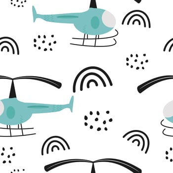 Cute blue helicopter seamless pattern on white background vector