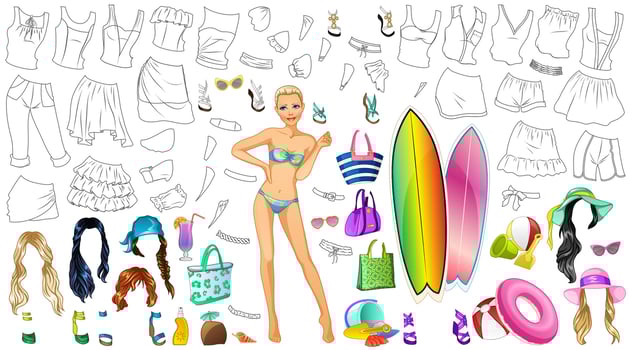 Summer Outfit Coloring Page Paper Doll with Clothes, Hairstyles and Accessories. Vector Illustration
