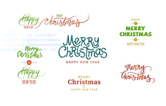 Merry Christmas. Set type. Vector logo, emblems, text design. Suitable for banners, greeting cards, gifts, etc.