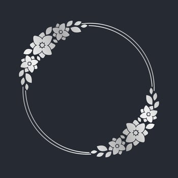 Round silver floral frame template. Luxury golden frame border for invite, wedding, certificate. Vector art with flowers and leaves.