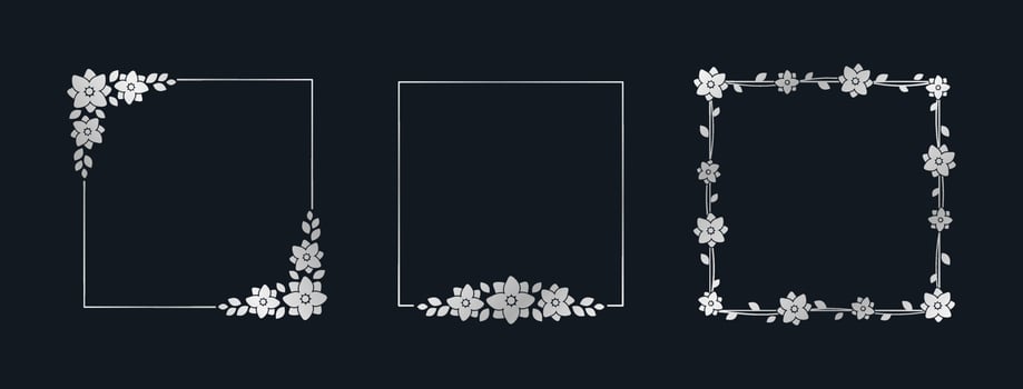 Square silver floral frame template set. Luxury golden frame border for invite, wedding, certificate. Vector art with flowers and leaves.