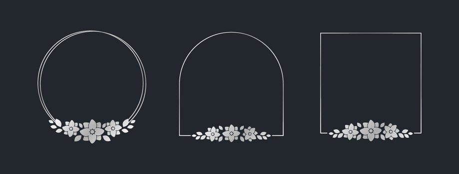 Silver geometric floral frame template set. Luxury golden frame border for invite, wedding, certificate. Vector art with flowers and leaves.