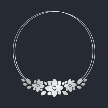 Round silver floral frame template. Luxury golden frame border for invite, wedding, certificate. Vector art with flowers and leaves.