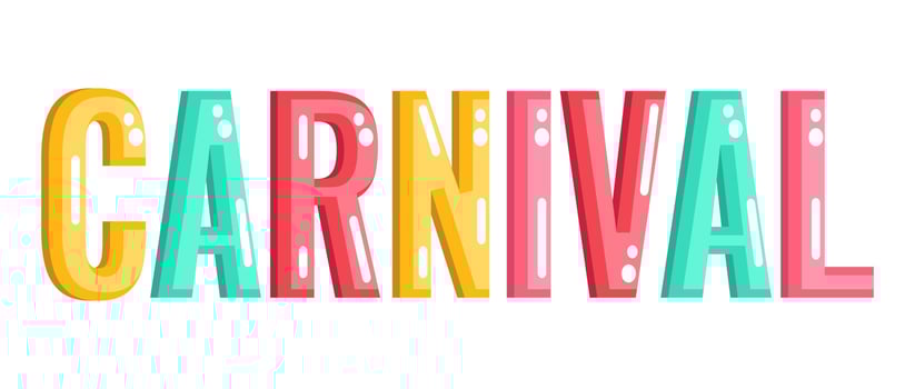 Carnival lettering, banner, invitation, announce of parties and carnivals, colorful glossy text, decoration. vector