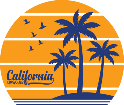 California Newark Summer Time, Sunshine Vector Print Design Artwork, Take Me To The Sunshine, Beach Paradise Print T-shirt Graphics Design, typography Slogan On Palm Trees Background