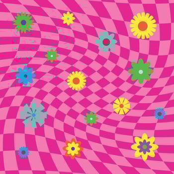 Pink psychedelic squares geometric pattern with flowers. Optical illusion background 60s vector