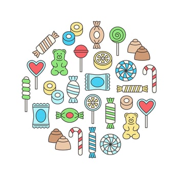 Candy card. Circle line color template with lollipop, sweets, caramel, candy cane, chocolate candy, gummy bear. vector