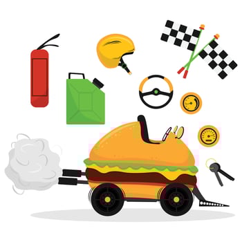 Cartoon burger car on wheels. Hamburger truck or cheeseburger van with racing accessories. Vector flat illustration
