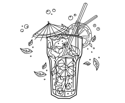 vector hand -drawing illustration cocktail mochito black and white color, coloring page