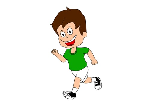 A cartoon-style boy with brown hair, wearing a green shirt and white shorts, running cheerfully with a big smile and energetic expression. vector