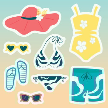 Set of cartoon vector icons or stickers. Summer illustrations, beachwear and shoes, collection of bikinis, swimming trunks and sunglasses in bright colors. Design elements.