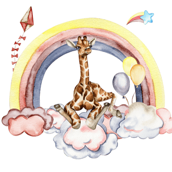 Watercolor hand painted cute rainbow.and giraffe Illustration. Design for baby shower party, birthday, cake, holiday design, greetings card, invitation. png
