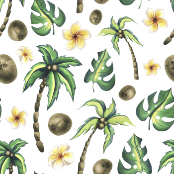 Tropical coconut palms and monstera leaves with frangipani flowers. Watercolor illustration, cartoon style, hand drawn. Seamless pattern. For fabric, wallpaper, paper, packaging. png