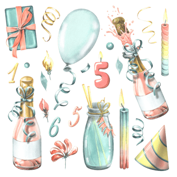 Festive set with blue gifts, pink champagne in bottles and glasses, balloons and confetti. Watercolor illustration, hand drawn. Isolated objects. Clip art png